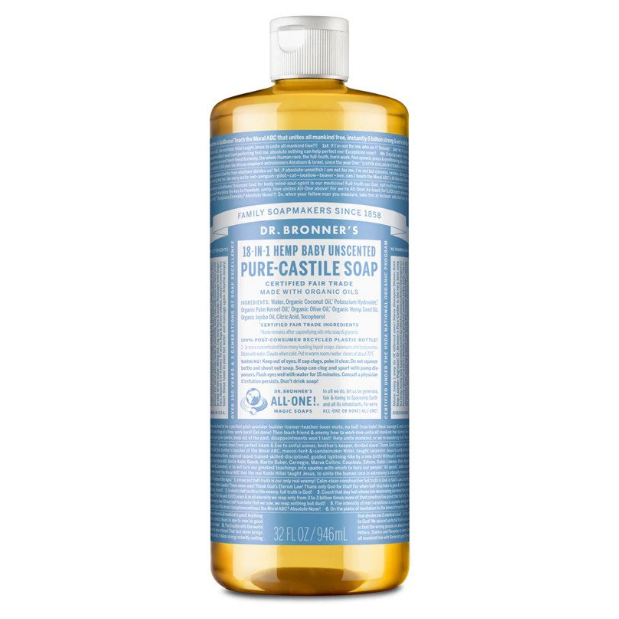 Dr Bronners 18 in 1 Baby Unscented Pure Castile Liquid Soap 946ml