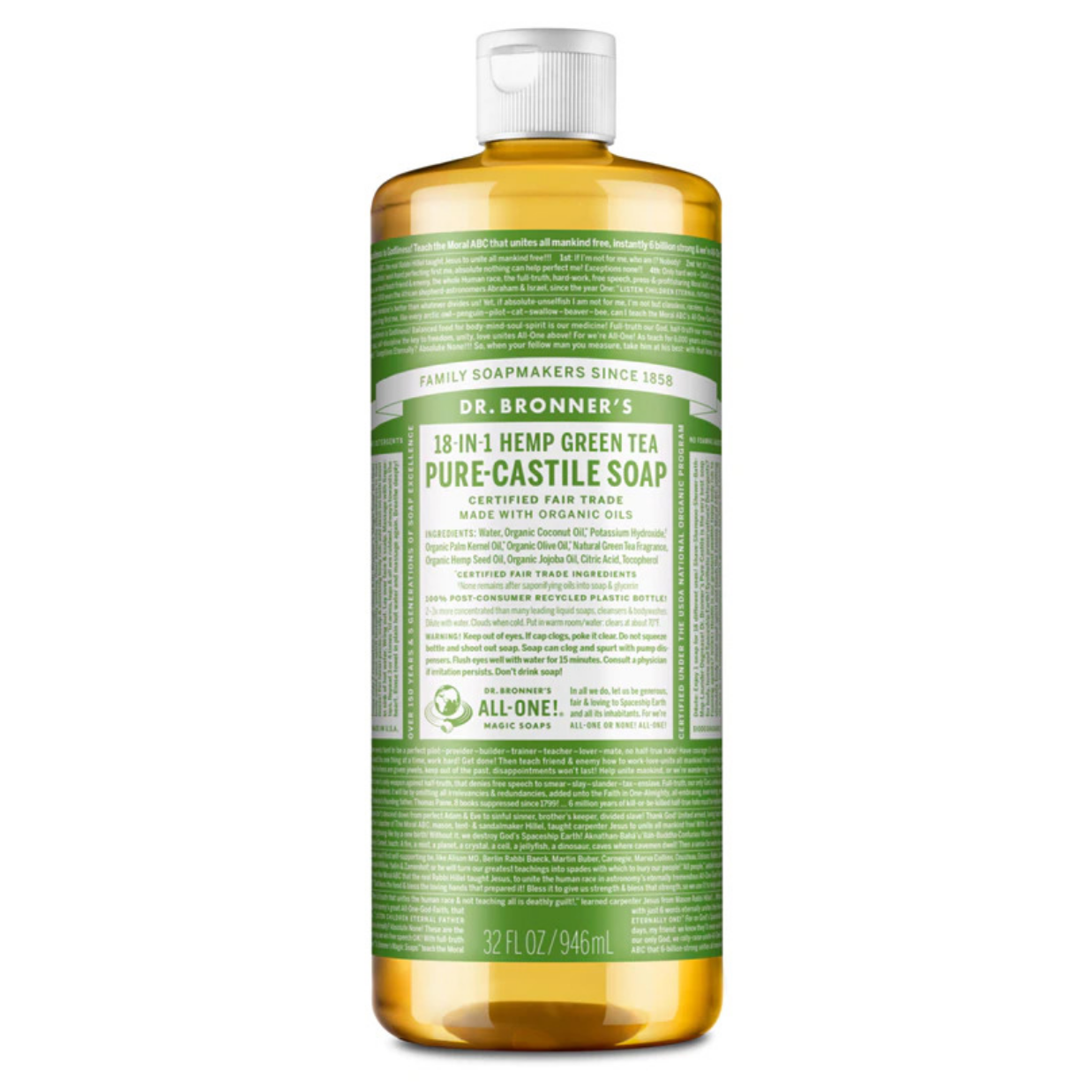 Dr Bronners 18 in 1 Green Tea Pure Castile Liquid Soap 946ml