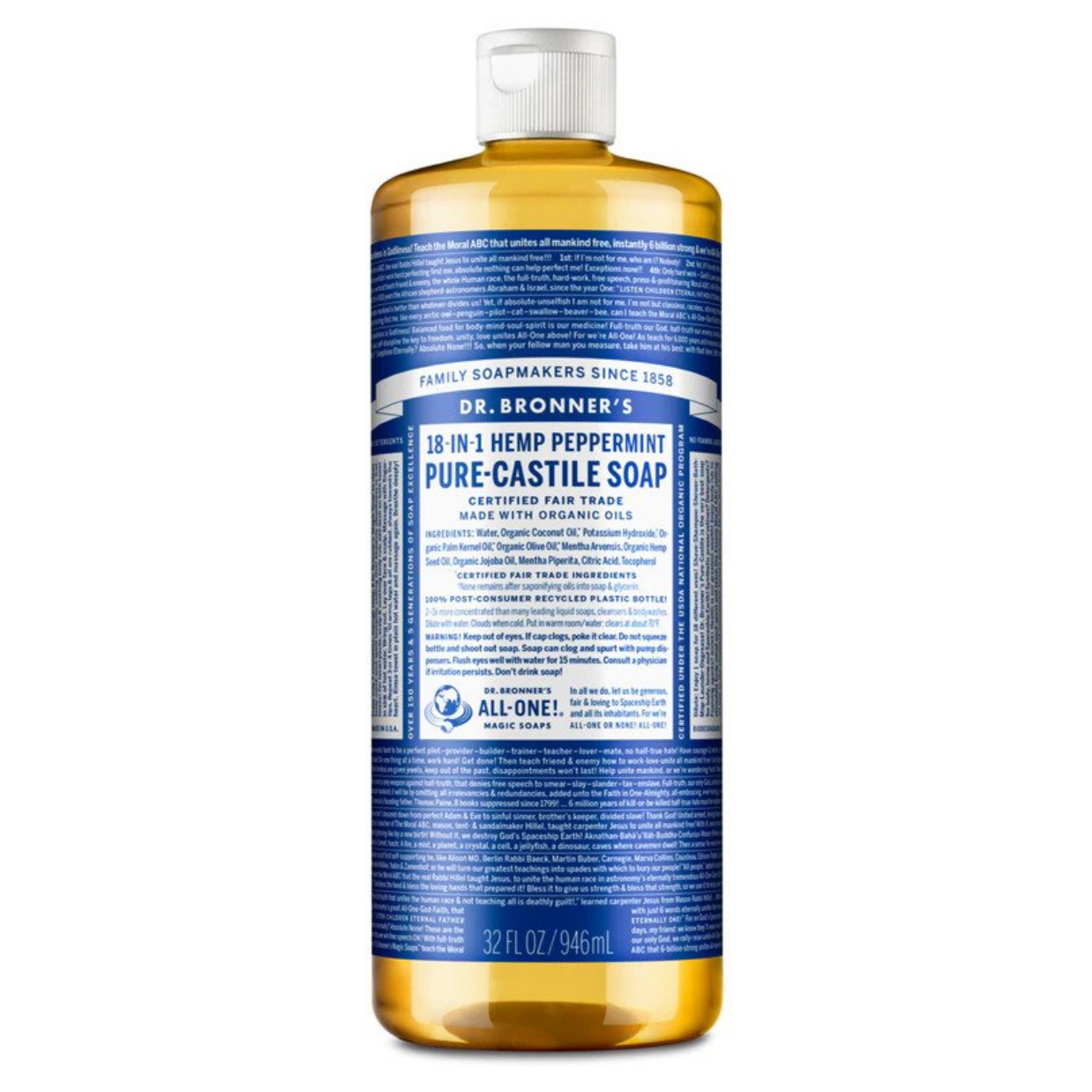 Dr Bronners 18 in 1 Peppermint Pure Castile Liquid Soap 946ml