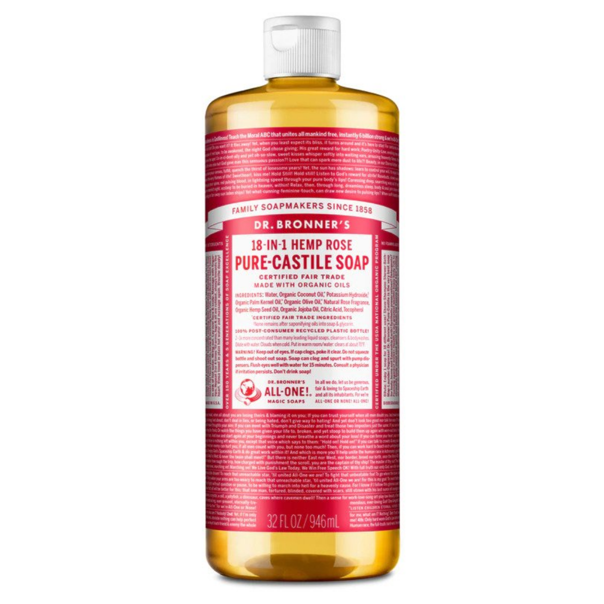 Dr Bronners 18 in 1 Rose Pure Castile Liquid Soap 946ml