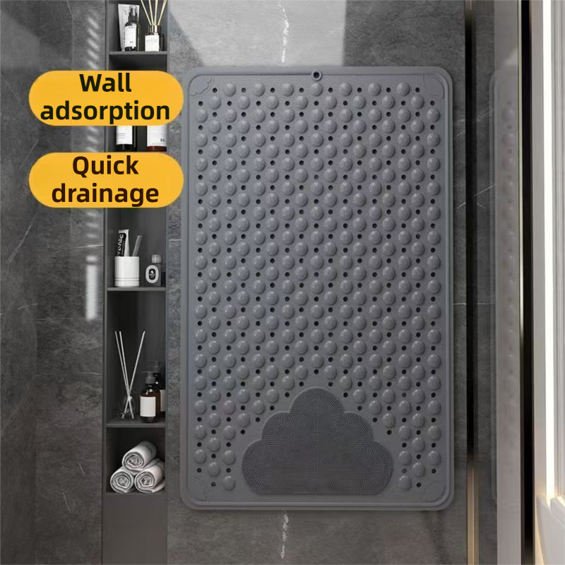 Grey Eco-Friendly Bath Mat with Massage Points - Anti-Slip Suction Cup Safety Bathroom Rug (L Size 86.5X53x2 CM)