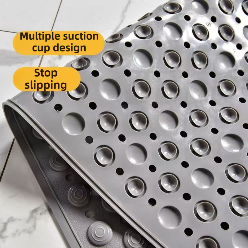 Grey Eco-Friendly Bath Mat with Massage Points - Anti-Slip Suction Cup Safety Bathroom Rug (L Size 86.5X53x2 CM)