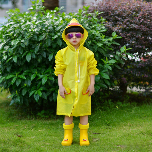 Kids Cartoon Rain Gear Set - Eco-Friendly Odorless Yellow Duck Raincoat & Matching 19cm Duck Rain Boots with Detachable Warm Cotton Liner
