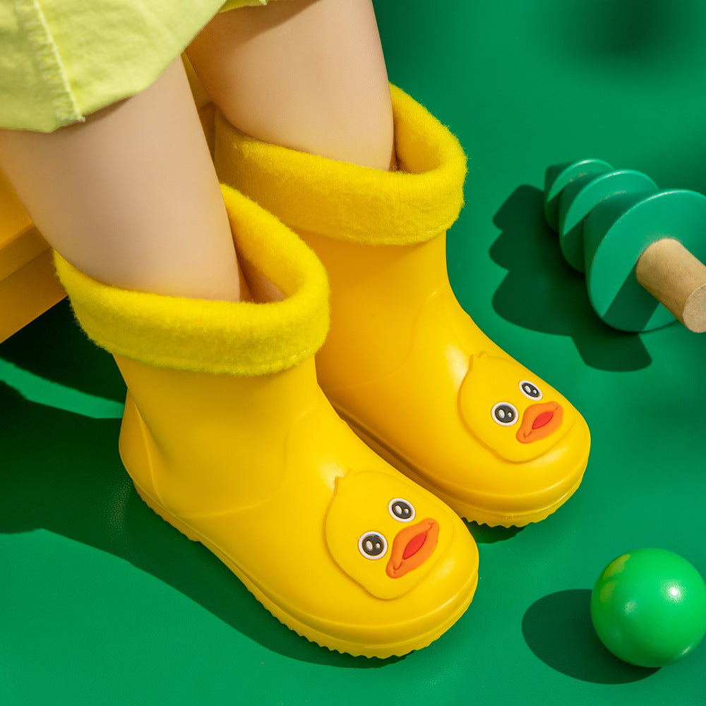 Kids Cartoon Rain Gear Set - Eco-Friendly Odorless Yellow Duck Raincoat & Matching 20cm Duck Rain Boots with Detachable Warm Cotton Liner