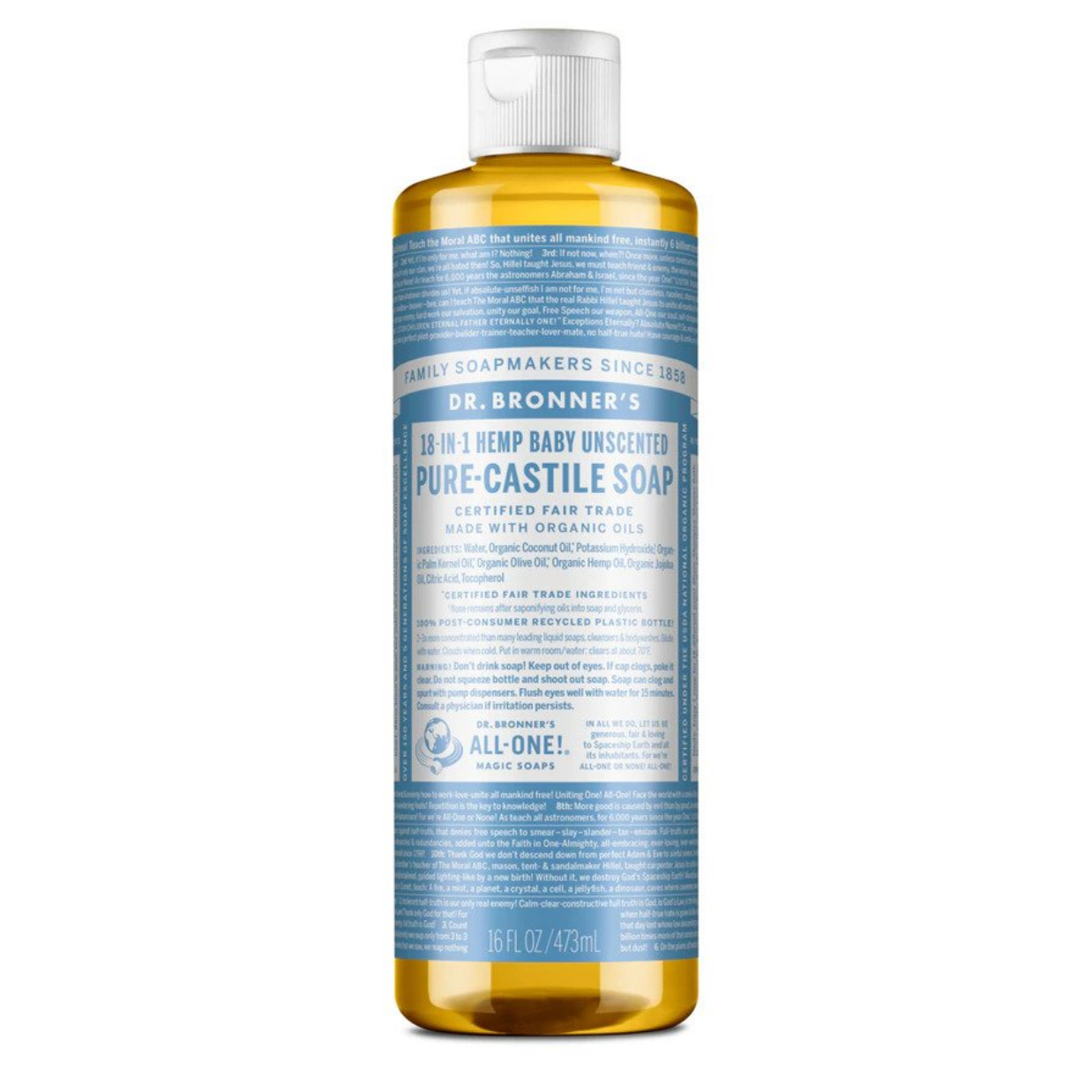 Dr Bronners 18 in 1 Baby Unscented Pure Castile Liquid Soap 473ml